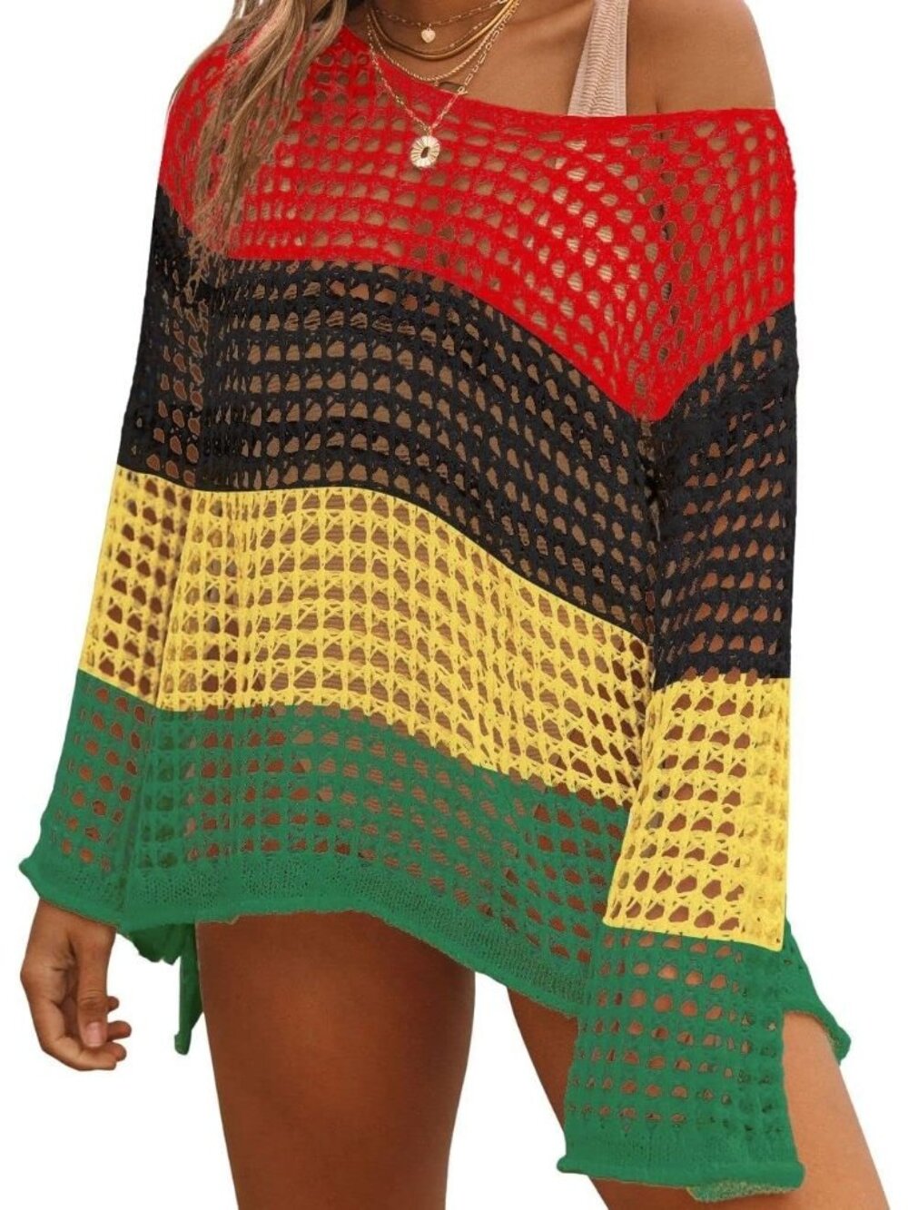 Women's Multi Acrylic Crochet Cover Up Swim Bathing Suit Cover Up Long Sleeves